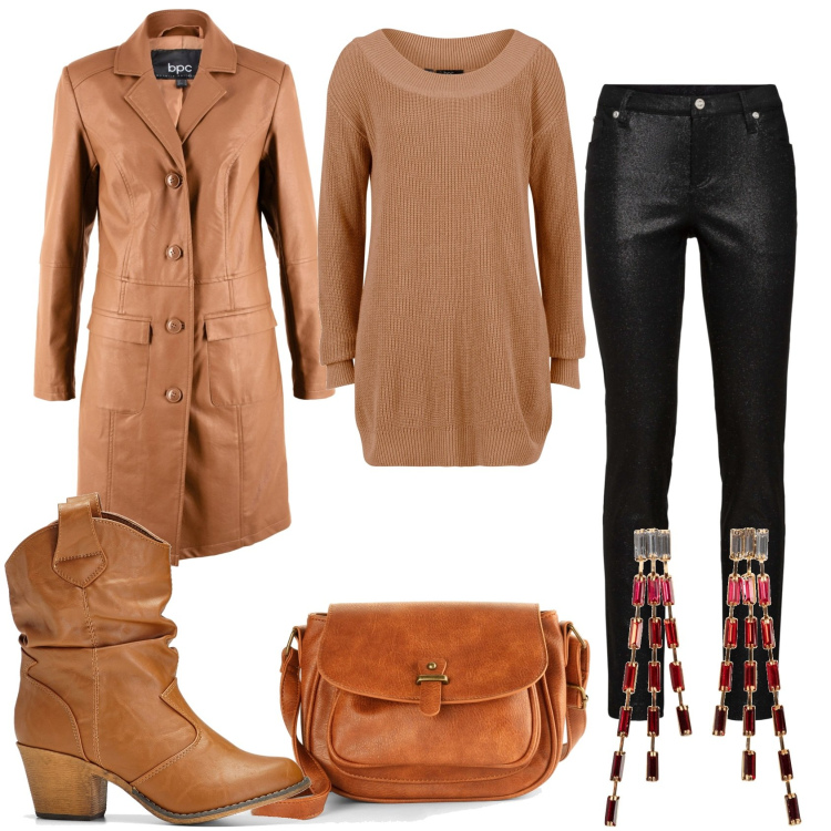 Outfit donna - Stivaletti e cappotto. Stile Trendy per Tutti i giorni. Abbinamento con borse a tracolla, orecchini, stivaletti texani, blazer, maglieria, pantaloni.