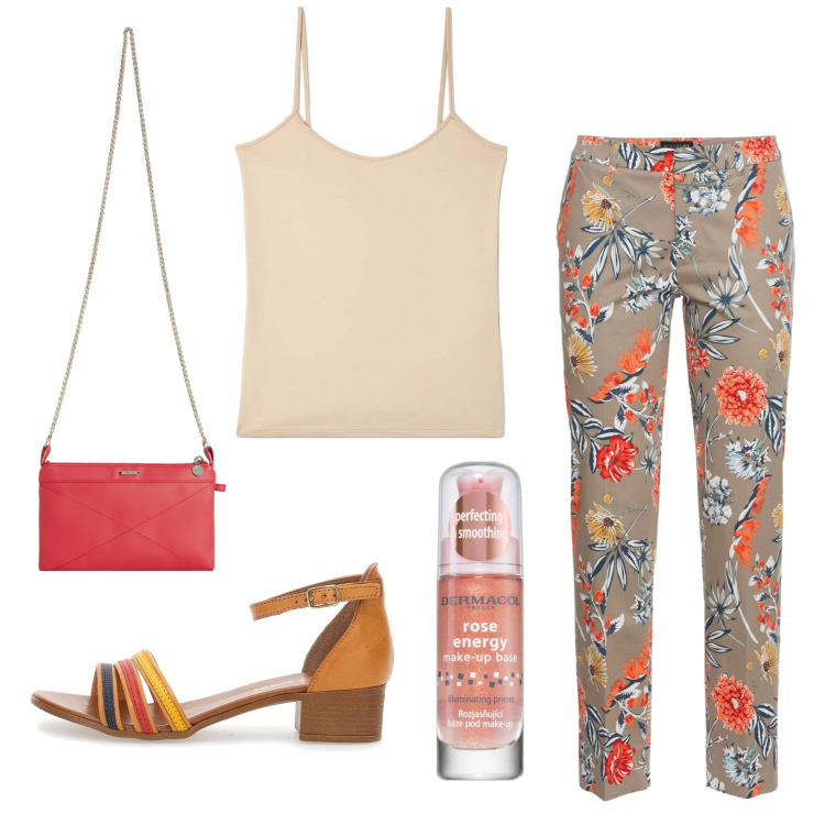 Outfit donna - Estiva e floreale. Stile Casual per Tutti i giorni. Abbinamento con pantaloni, primer, top, clutch, sandali in pelle.