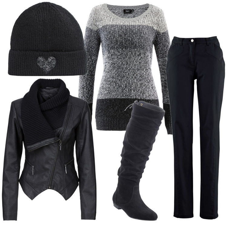 Outfit donna - Total look #1778756. Stile Casual per Tutti i giorni. Abbinamento con maglieria, blazer, stivali, pantaloni sportivi, berretti.