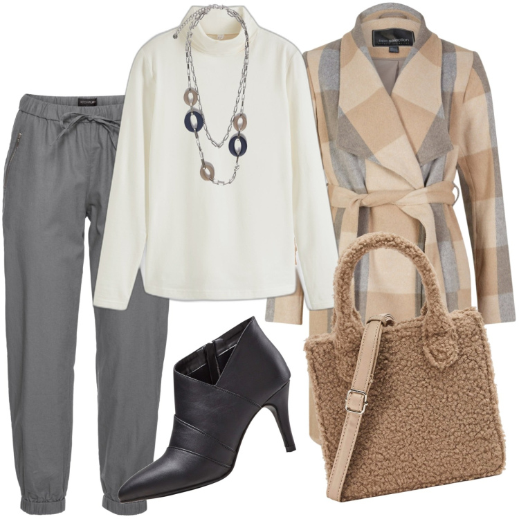 Outfit donna - Total look #1778763. Stile Casual chic per Tutti i giorni. Abbinamento con maglieria, pantaloni, cappotti, stivaletti, shopping bag, ciondoli.