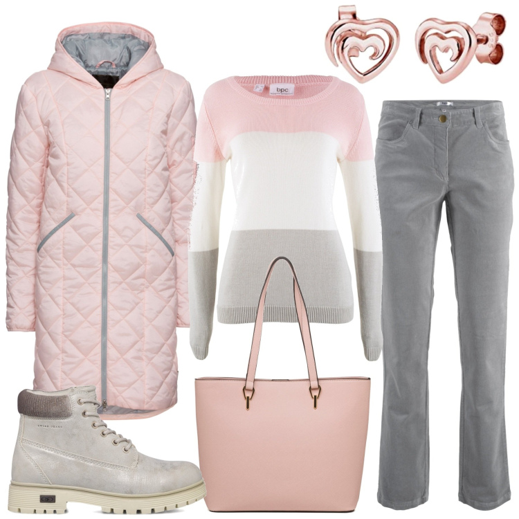 Outfit donna - Rosa pastello. Stile Basic per Tutti i giorni. Abbinamento con maglieria, pantaloni, blazer, stivaletti, borse a spalla, orecchini.