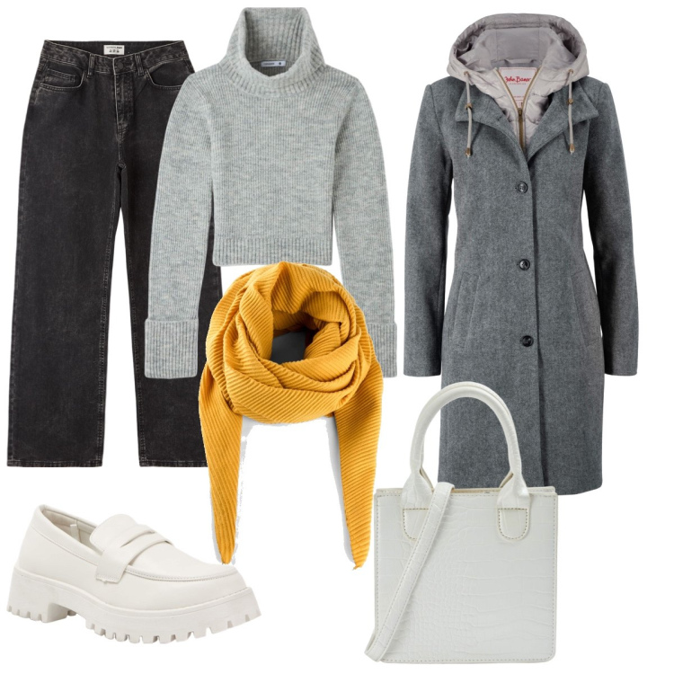 Outfit donna - Il tocco giallo. Stile Casual chic per Tutti i giorni. Abbinamento con cappotti, foulard, jeans, shopping bag, maglieria, mocassini.