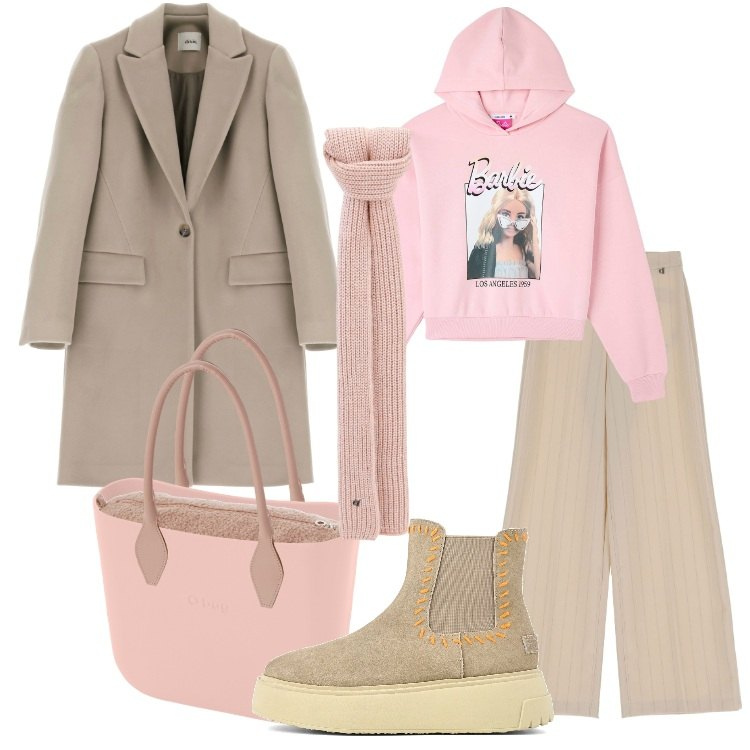 Outfit donna - Casual chic all\'università. Stile Casual chic per Scuola/Università. Abbinamento con felpe con cappuccio, cappotti, pantaloni a palazzo, sciarpe, stivaletti, borse a spalla.