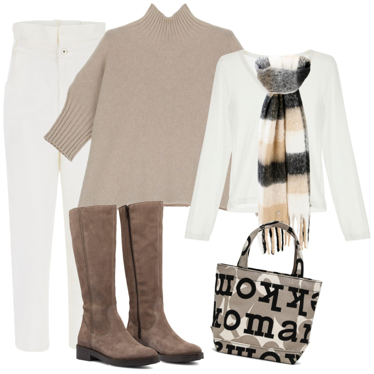 Outfit donna - Punti & spunti outfit invernali. Stile Casual chic per Tutti i giorni. Abbinamento con jeans, maglieria, t-shirt, sciarpe, stivali sopra il ginocchio, borse tote.