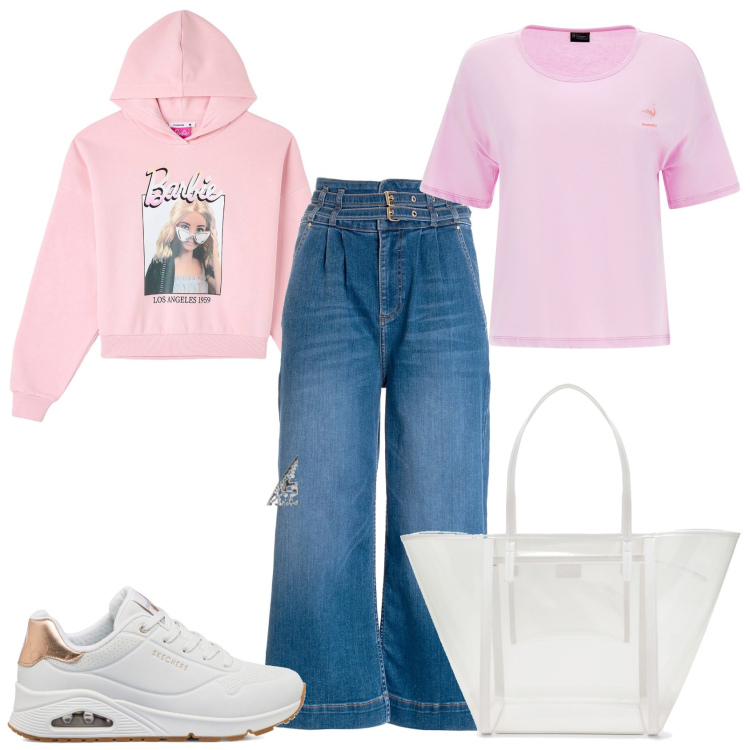 Outfit donna - Sportiva brillante. Stile Casual per Tutti i giorni. Abbinamento con felpe con cappuccio, anelli, jeans, t-shirt, sneakers, borse tote.