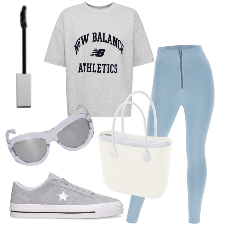 Outfit donna - Sporty chic. Stile Sporty chic per Tutti i giorni. Abbinamento con mascara, pantaloni skinny, occhiali da sole, borse a spalla, sneakers, t-shirt.