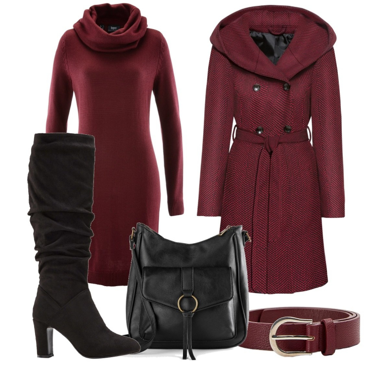 Outfit donna - Rouge lady. Stile Casual chic per Ufficio. Abbinamento con cappotti, vestiti, stivali sopra il ginocchio, borse a tracolla, cinture.