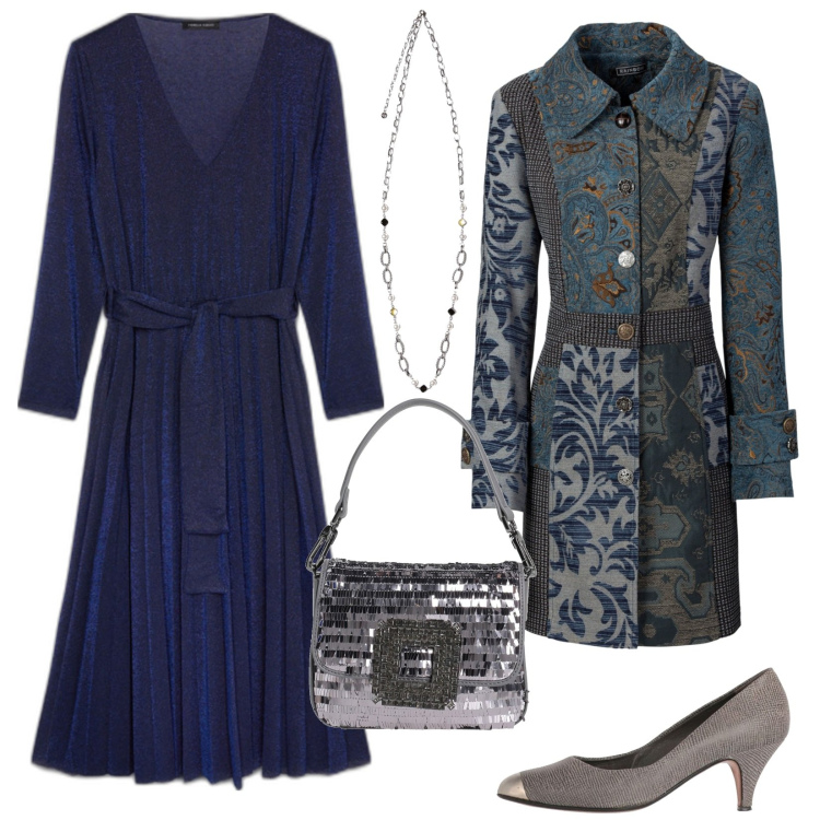 Outfit donna - L\'abito lurex per una serata glam. Stile Glamour per Serata fuori. Abbinamento con cappotti, borse a mano, décolleté, vestiti, collane.