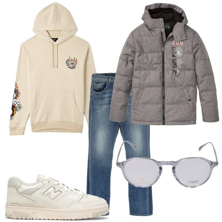 Outfit uomo - Total look #1778866. Stile Casual per Tutti i giorni. Abbinamento con giacche, felpe con cappuccio, jeans dritti, sneakers, occhiali da sole.