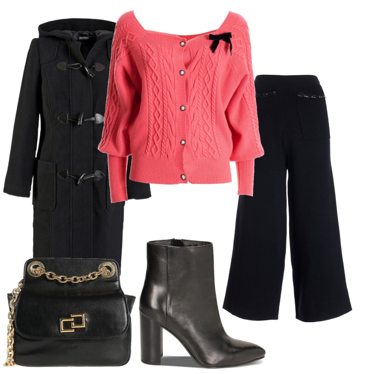 Outfit donna - Quella nota di colore. Stile Chic per Ufficio. Abbinamento con montgomery, borse a tracolla, cardigans, pantaloni culotte, stivaletti.