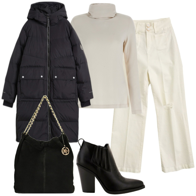 Outfit donna - Passeggiata in centro. Stile Chic per Tutti i giorni. Abbinamento con piumini, pantaloni capri, stivaletti, borse a spalla, maglieria.