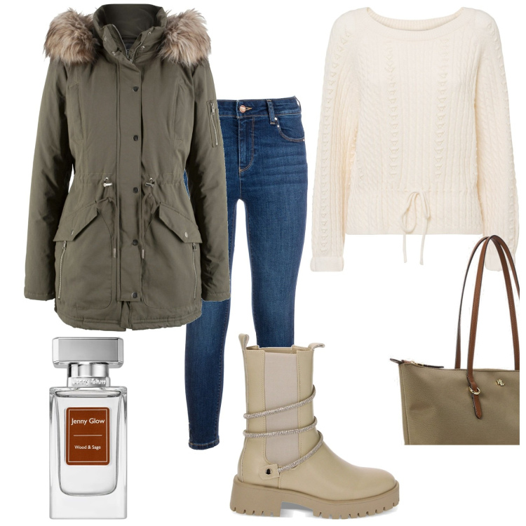 Outfit donna - Buondì. Stile Casual per Tutti i giorni. Abbinamento con parka, maglieria, profumi, jeans, stivaletti chelsea, borse tote.