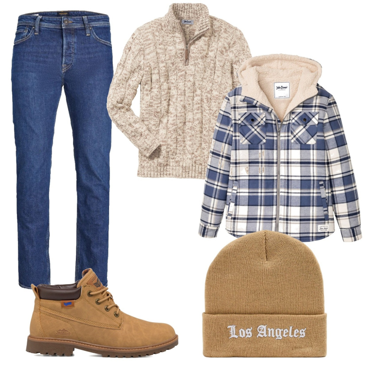 Outfit uomo - Giaccone a quadri. Stile Urban per Tutti i giorni. Abbinamento con maglieria, cappotti, berretti, jeans, stivali e stivaletti.