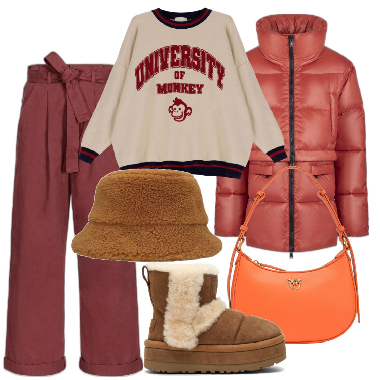 Outfit donna - Freddo inverno. Stile Trendy per Tutti i giorni. Abbinamento con pantaloni, borse a tracolla, maglieria, piumini, stivaletti, cappelli.
