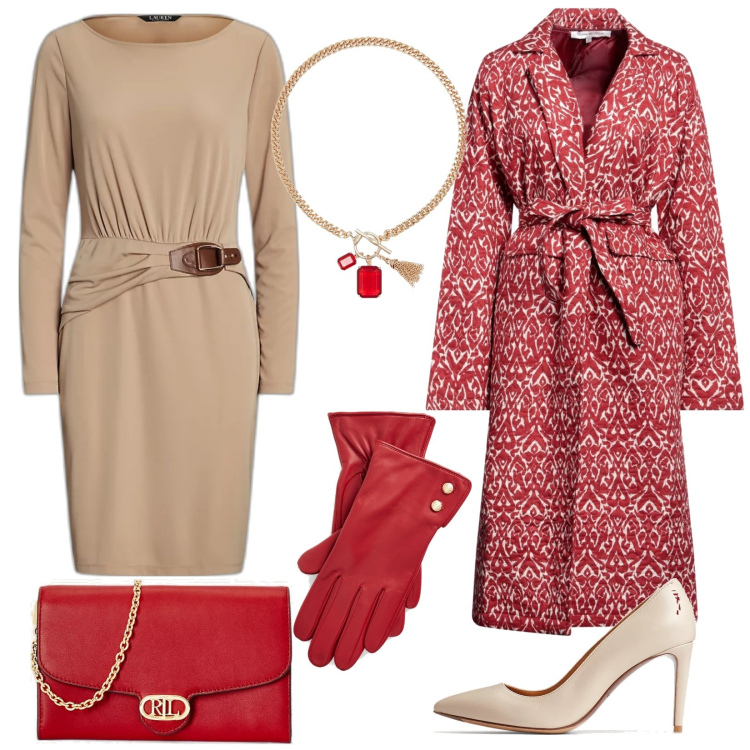 Outfit donna - I guanti rossi. Stile Chic per Serata fuori. Abbinamento con cappotti, borse a tracolla, décolleté, collane, vestiti, guanti.