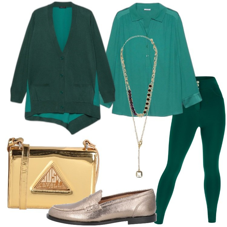 Outfit donna - Cena di Natale a casa Curvy Style. Stile Basic per Tutti i giorni. Abbinamento con borse a tracolla, mocassini, pantaloni skinny, cardigans, bluse, collane.
