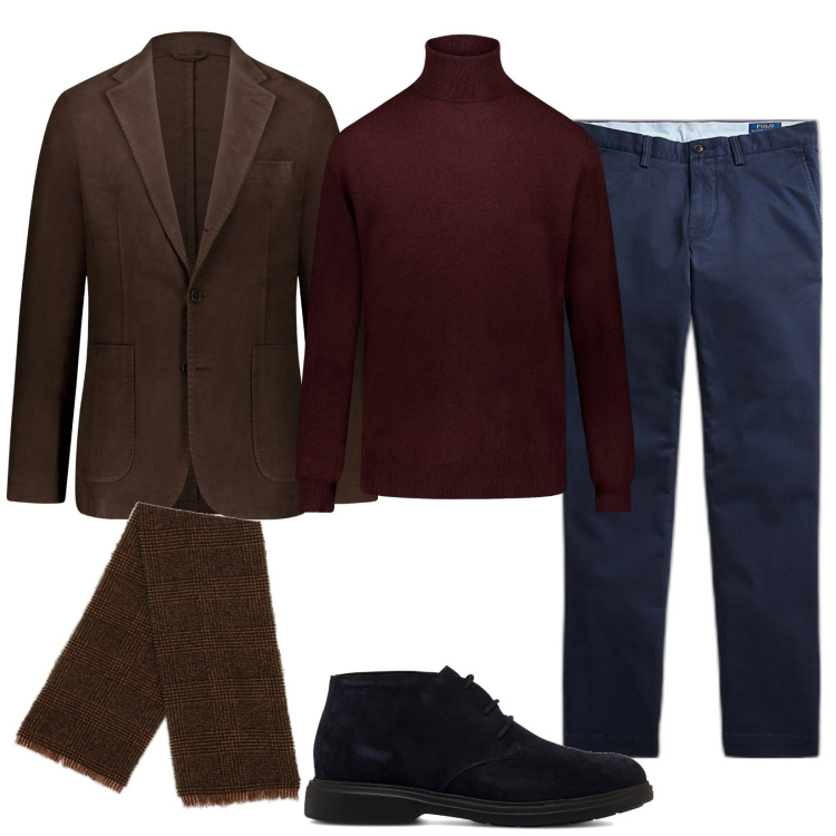 Outfit uomo - Oggi così. Stile Trendy per Tutti i giorni. Abbinamento con pantaloni, stivali e stivaletti, maglieria, sciarpe, cappotti.