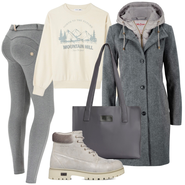 Outfit donna - Grigio casual. Stile Casual per Scuola/Università. Abbinamento con cappotti, felpe, pantaloni skinny, shopping bag, stivaletti.