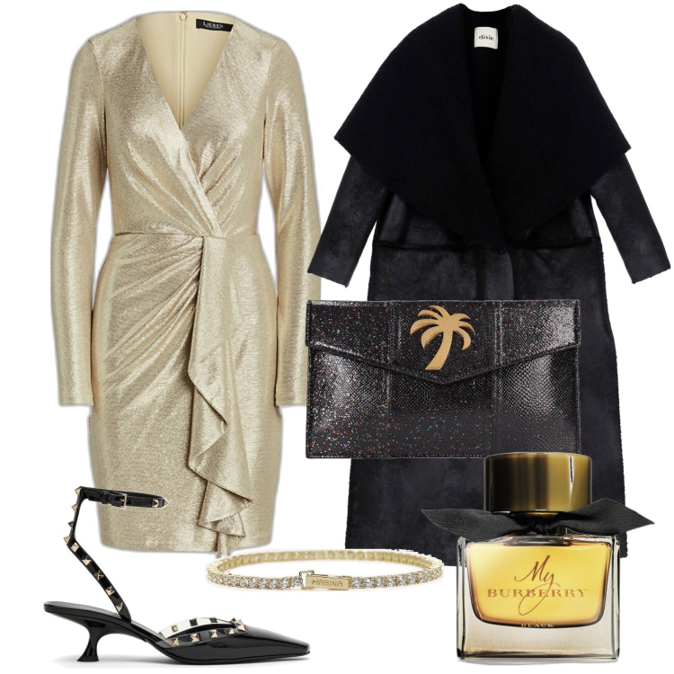 Outfit donna - Oro e nero. Stile Glamour per Serata fuori. Abbinamento con profumi, braccialetti, cappotti, vestiti, scarpe col tacco, pochette.