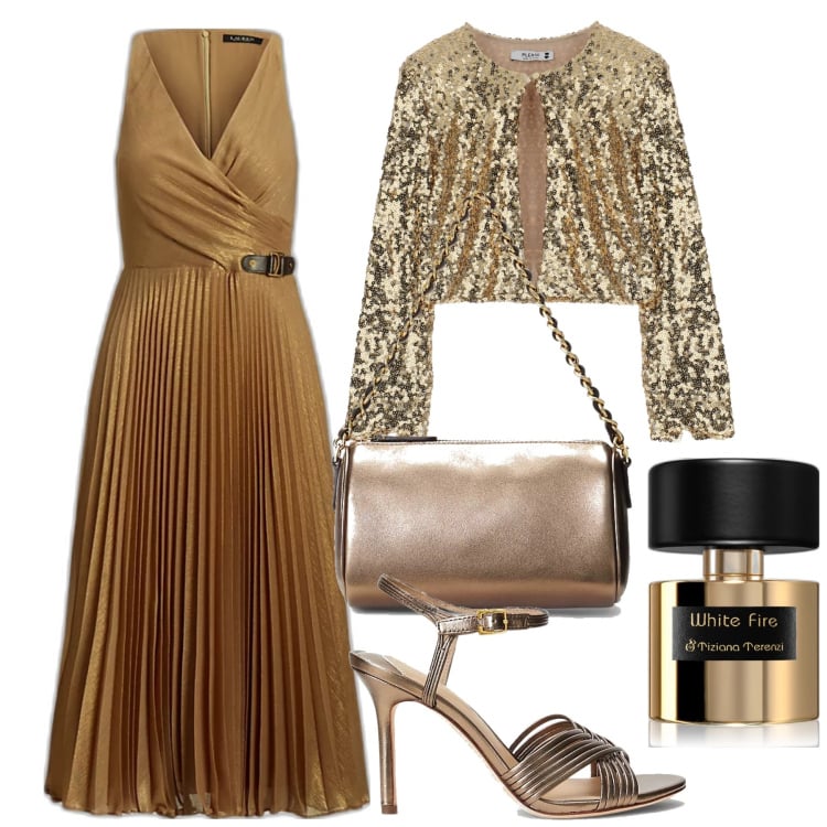 Outfit donna - Per brillare. Stile Chic per Serata fuori. Abbinamento con profumi, cardigans, vestiti, borse a spalla, sandali in pelle.