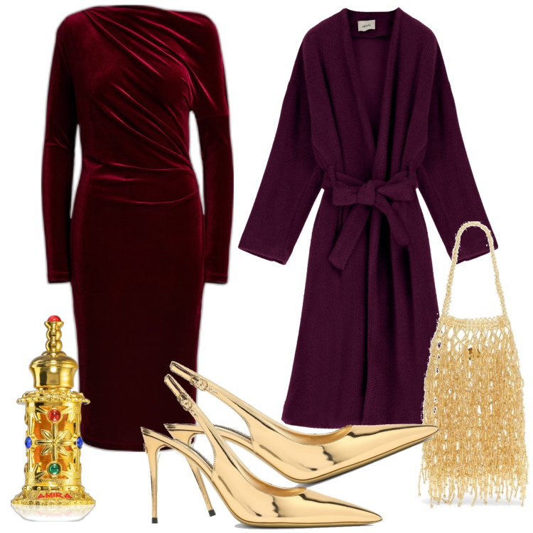 Outfit donna - Oro e bordeaux. Stile Chic per Serata fuori. Abbinamento con profumi, cappotti, vestiti asimmetrici, scarpe col tacco, borse a mano.