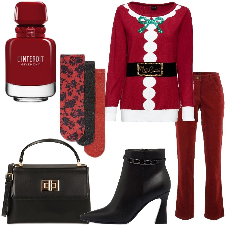 Outfit donna - Shopping natalizio. Stile Trendy per Tutti i giorni. Abbinamento con pantaloni, maglieria, profumi, borse a mano, stivaletti, top.