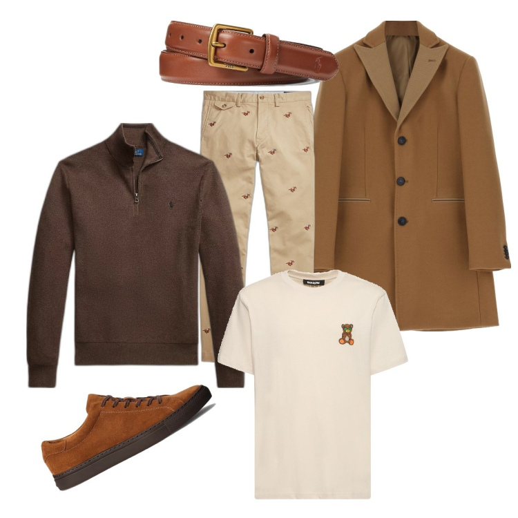 Outfit uomo - Classico con il cappotto cammello. Stile Business/Elegante per Ufficio. Abbinamento con cappotti, cinture, sneakers, maglieria, pantaloni, t-shirt.