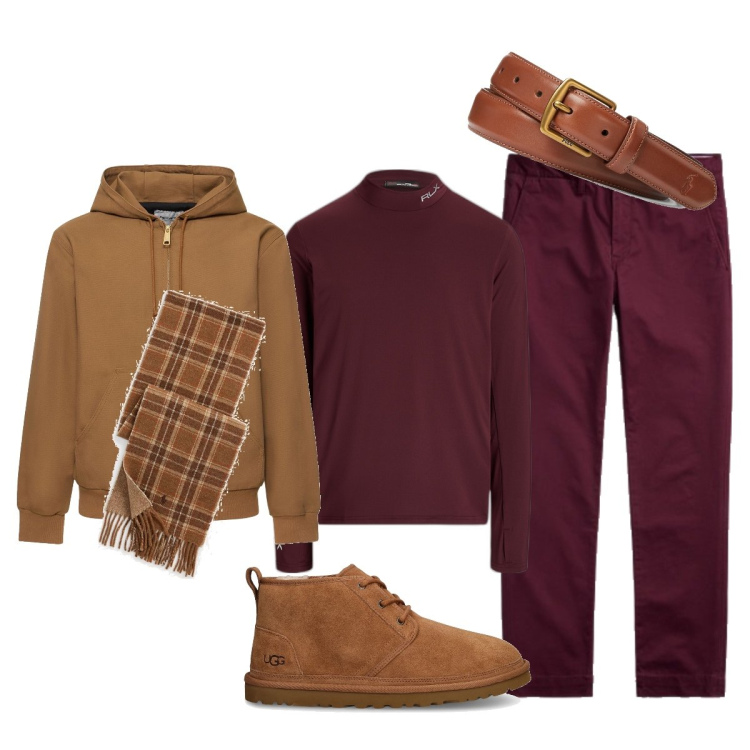 Outfit uomo - Colori caldi. Stile Trendy per Tutti i giorni. Abbinamento con cinture, pantaloni chino, maglieria, sciarpe, scarpe stringate, giacche sportive.