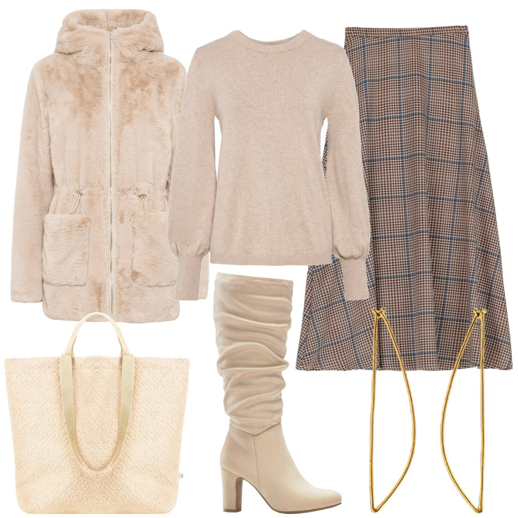 Outfit donna - La pelliccia faux fur. Stile Basic per Tutti i giorni. Abbinamento con ecopellicce, maglieria, stivali sopra il ginocchio, borse tote, gonne longuette, orecchini.