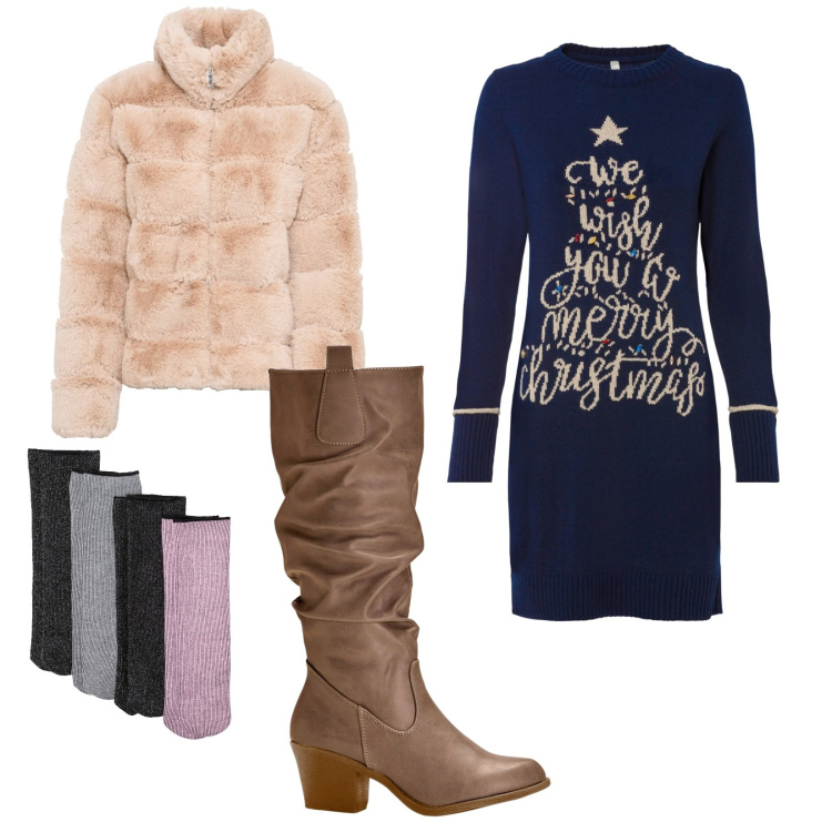 Outfit donna - Natale. Stile Casual chic Abbinamento con ecopellicce, stivali, vestiti, calzini.