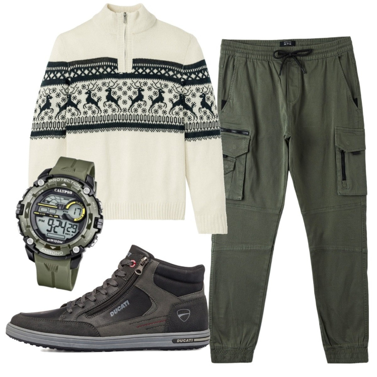 Outfit uomo - Total look #1779026. Stile Casual per Tutti i giorni. Abbinamento con maglieria, pantaloni cargo, sneakers alte, orologi digitali.
