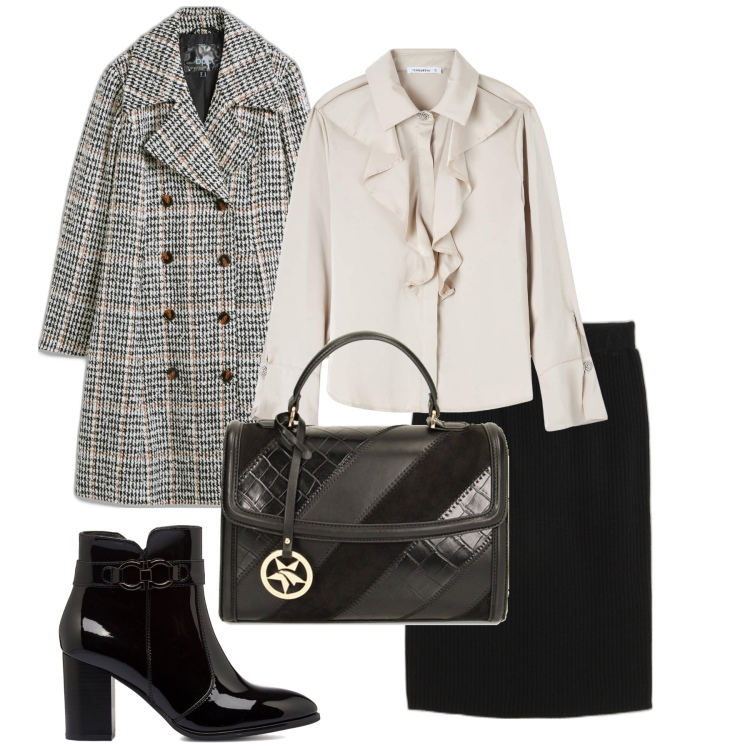 Outfit donna - Ufficio. Stile Bon Ton per Ufficio. Abbinamento con gonne, cappotti, camicie, borse a mano, stivaletti.