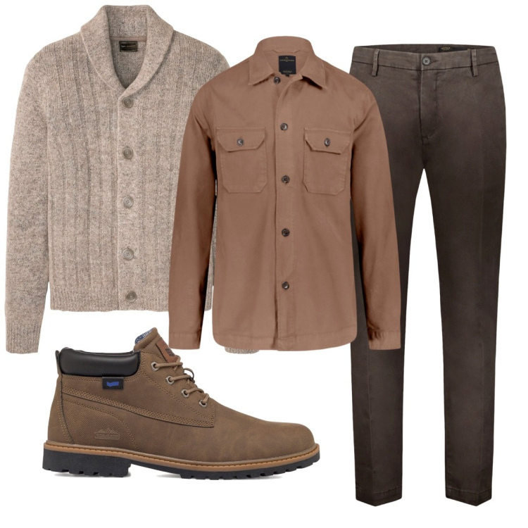 Outfit uomo - Total look #1779040. Stile Casual per Ufficio. Abbinamento con cardigans, stivali e stivaletti, pantaloni, camicie.