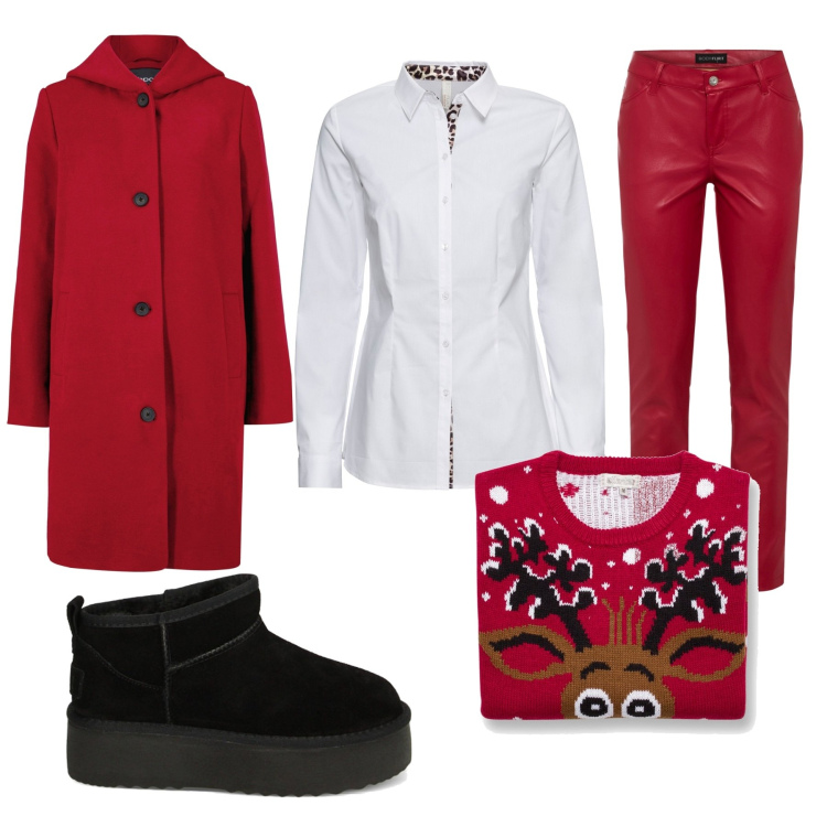 Outfit donna - Natale 2023. Stile Casual per Cerimonia. Abbinamento con pantaloni, cappotti, camicie, stivaletti, maglieria.