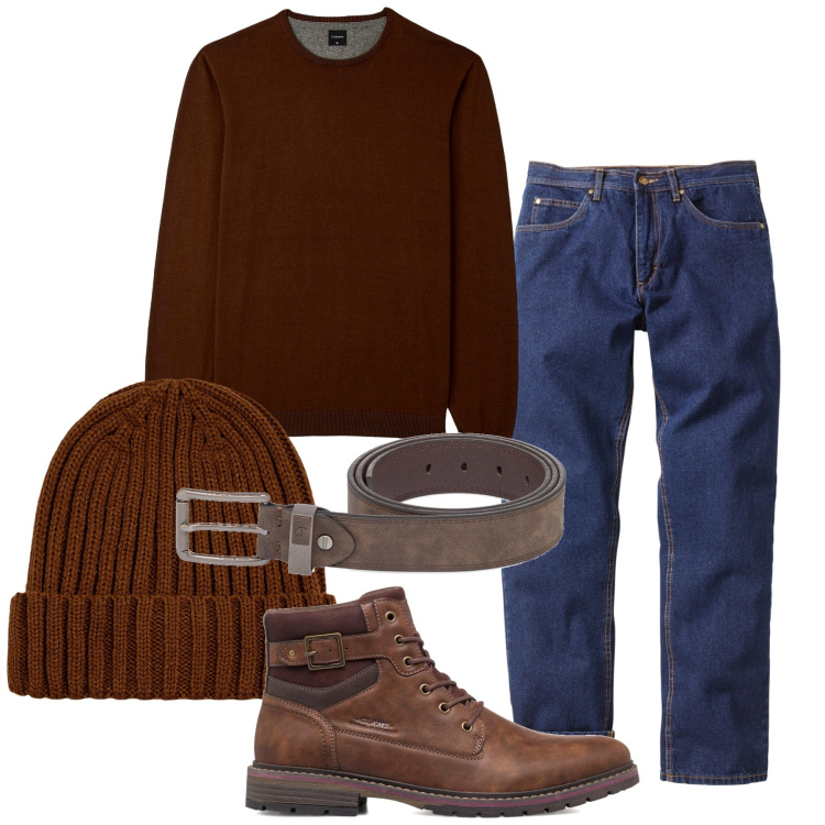 Outfit uomo - Brown Christmas. Stile Casual per Tutti i giorni. Abbinamento con jeans dritti, maglieria, anfibi, cinture, berretti.
