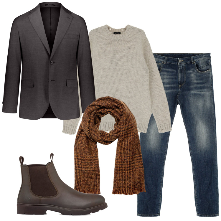 Outfit uomo - Il pull perla. Stile Trendy per Tutti i giorni. Abbinamento con pullovers, jeans, sciarpe, abiti, stivali e stivaletti.
