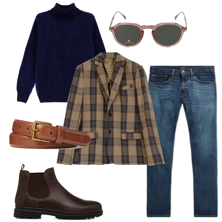 Outfit uomo - La giacca a quadri larghi. Stile Trendy per Tutti i giorni. Abbinamento con cappotti, maglieria, cinture, jeans dritti, stivali e stivaletti, occhiali da sole.