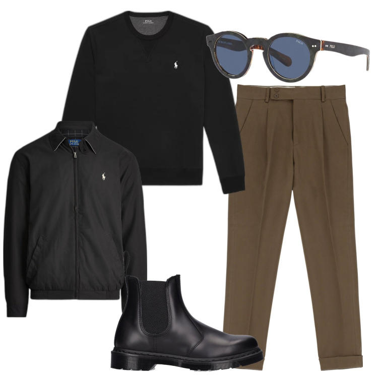 Outfit uomo - Nero. Stile Urban per Tutti i giorni. Abbinamento con pantaloni, felpe, giacche, occhiali da sole, stivali e stivaletti.