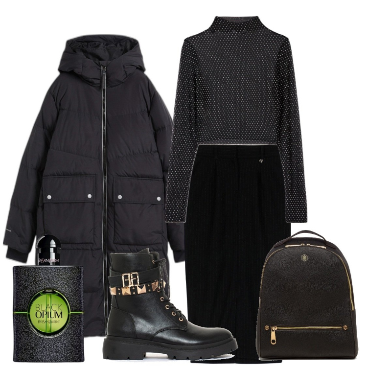 Outfit donna - Veleno nero. Stile Rock Abbinamento con piumini, profumi, t-shirt, anfibi, gonne longuette, zaini.