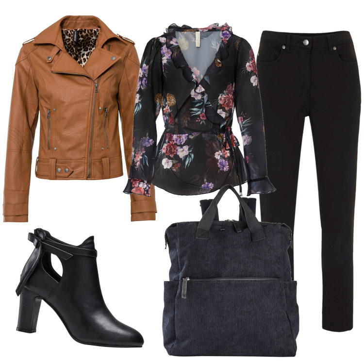 Outfit donna - Total look #1779108. Stile Casual chic per Serata fuori. Abbinamento con pantaloni, zaini, bluse, cappotti, stivaletti.