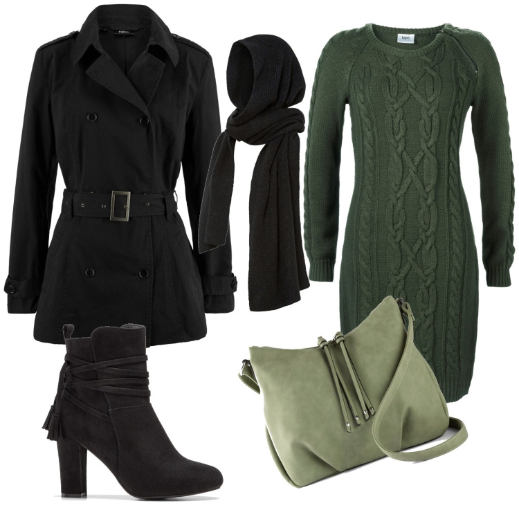 Outfit donna - Total look #1779117. Stile Casual chic per Serata fuori. Abbinamento con sciarpe, vestiti, trench, borse a tracolla, stivaletti.