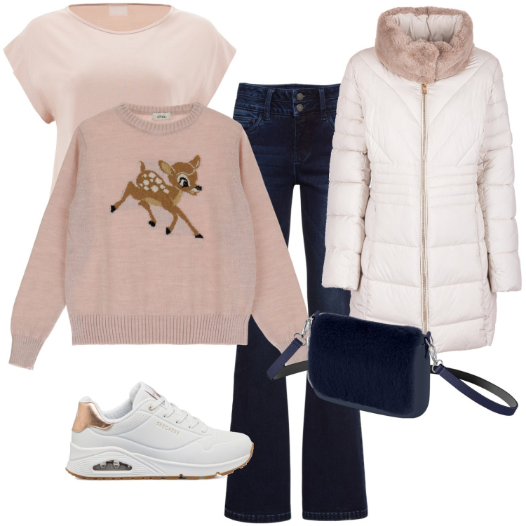 Outfit donna - Total look #1779125. Stile Casual per Tutti i giorni. Abbinamento con jeans bootcut, piumini, t-shirt, pullovers, sneakers, borse a spalla.