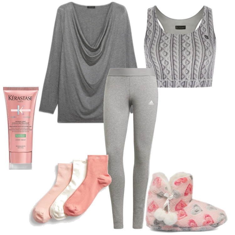 Outfit donna - Coccole a casa. Stile Casual per Tutti i giorni. Abbinamento con correttori, reggiseni, calzini, leggings, pantofole, t-shirt.
