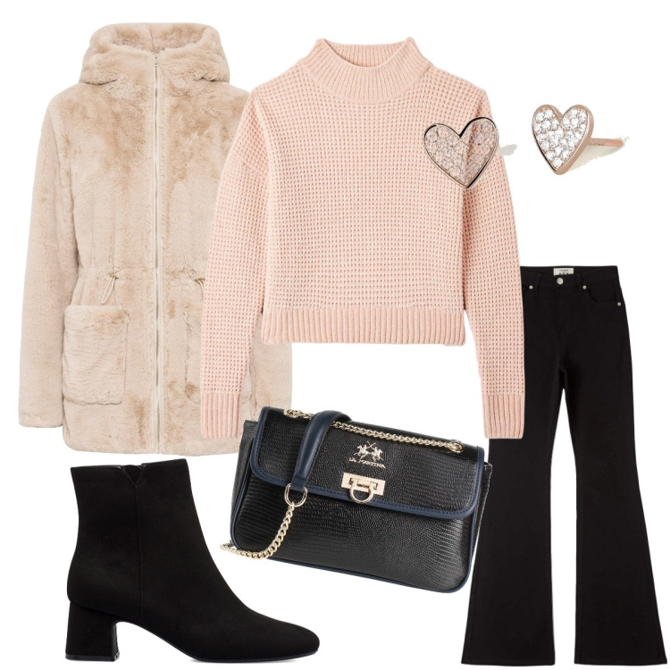 Outfit donna - Pomeriggio di dicembre. Stile Casual per Tutti i giorni. Abbinamento con ecopellicce, borse a tracolla, maglieria, pantaloni, orecchini, stivaletti.