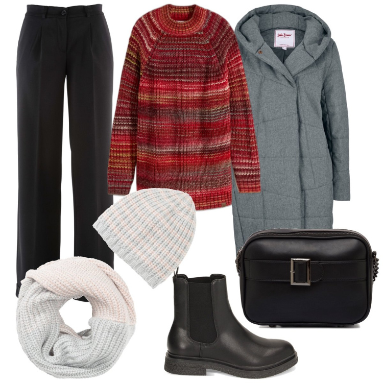 Outfit donna - Il maglione mélange. Stile Casual chic per Tutti i giorni. Abbinamento con pantaloni, maglieria, foulard, cappotti, stivaletti chelsea, borse a tracolla.