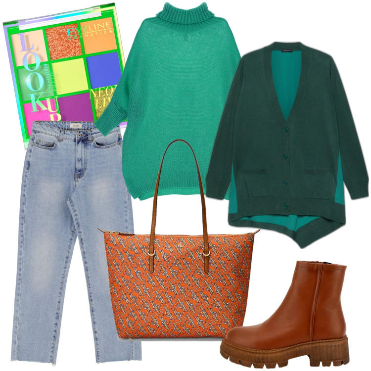 Outfit donna - Pullover verde smeraldo. Stile Basic per Tutti i giorni. Abbinamento con ombretti, maglieria, stivaletti, jeans dritti, borse tote, cardigans.