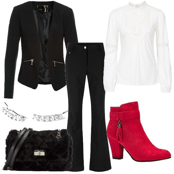 Outfit donna - Lo stile casual chic. Stile Casual chic per Serata fuori. Abbinamento con pantaloni, blazer, maglieria, stivaletti, borse a spalla, orecchini.