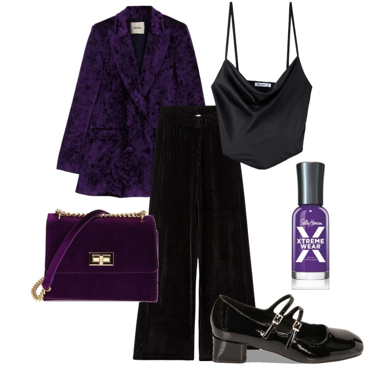Outfit donna - Velluto style. Stile Bon Ton per Serata fuori. Abbinamento con smalti, pantaloni a palazzo, top, borse a tracolla, décolleté, cappotti.