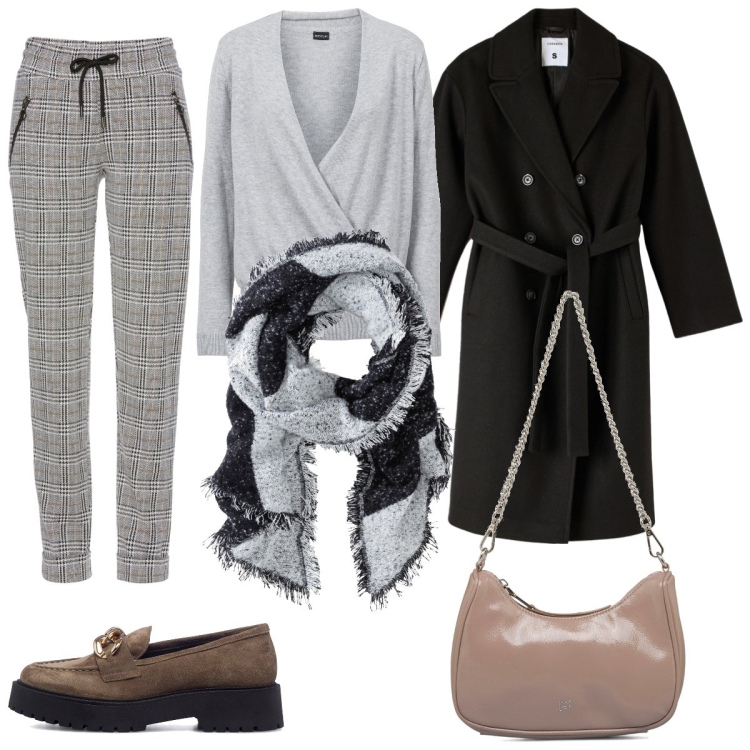 Outfit donna - Beige grigio e nero. Stile Casual per Tutti i giorni. Abbinamento con pantaloni, maglieria, sciarpe, cappotti, mocassini, borse a tracolla.