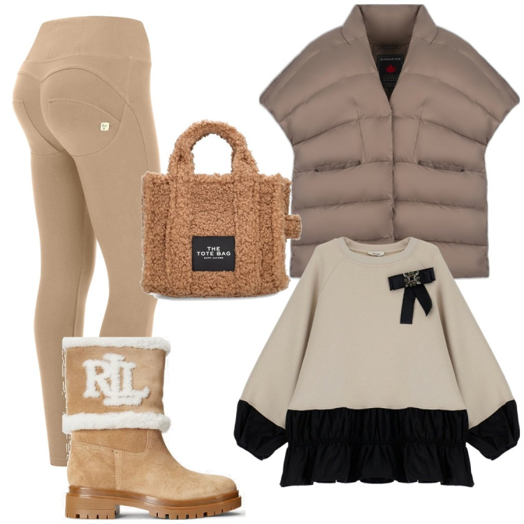 Outfit donna - In baita. Stile Casual chic Abbinamento con pantaloni skinny, felpe, cappe, stivali sopra il ginocchio, shopping bag.